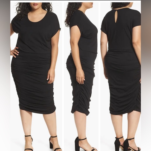 Vince Camuto women’s plus black white dot side ruched dress, stretch, size 2X - Picture 4 of 17